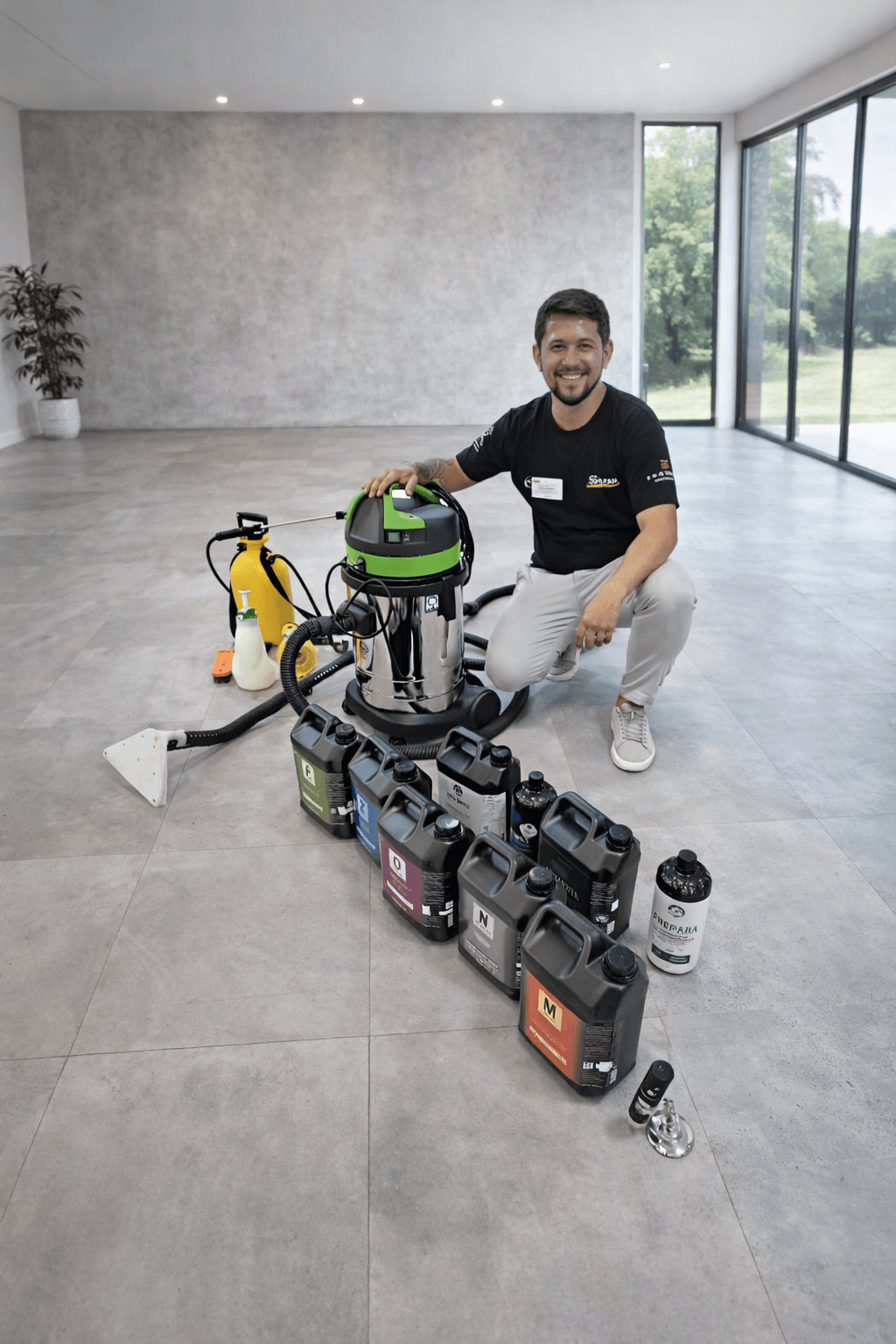 Profissional de limpeza de estofados com equipamentos
